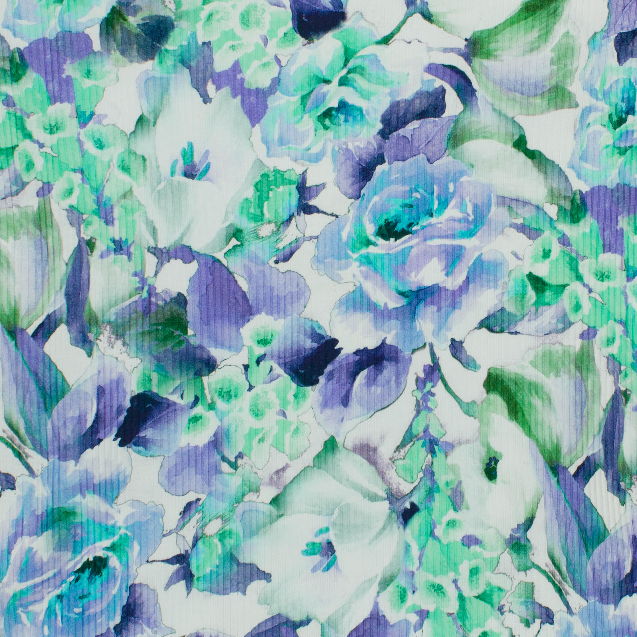 Geribde tricot met bloemen aquarel in paarse / groene tinten
